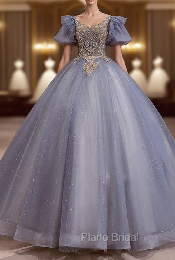 Blue Tulle Puff Sleeve Beading Pearls Quinceanera Dresses Main image