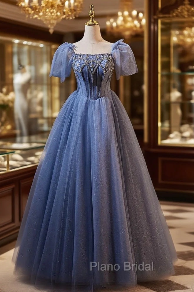 Blue Tulle Puff Sleeve Beading Formal Prom Dresses