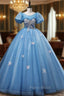 Blue Tulle Puff Sleeve Beading Quinceanera Dresses