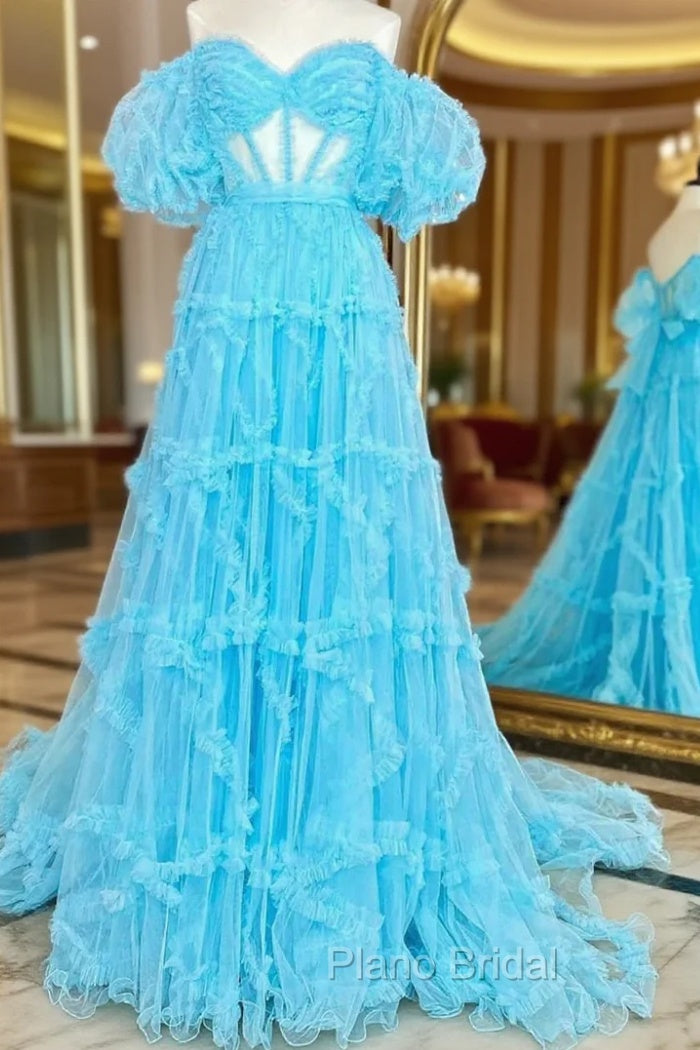 Blue Tulle Puff Sleeve Formal Prom Dresses