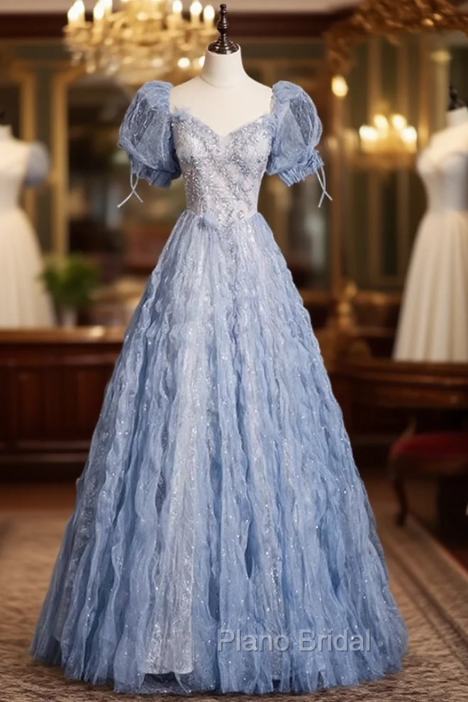 Blue Tulle Puff Sleeve Sequins Beading Formal Prom Dresses