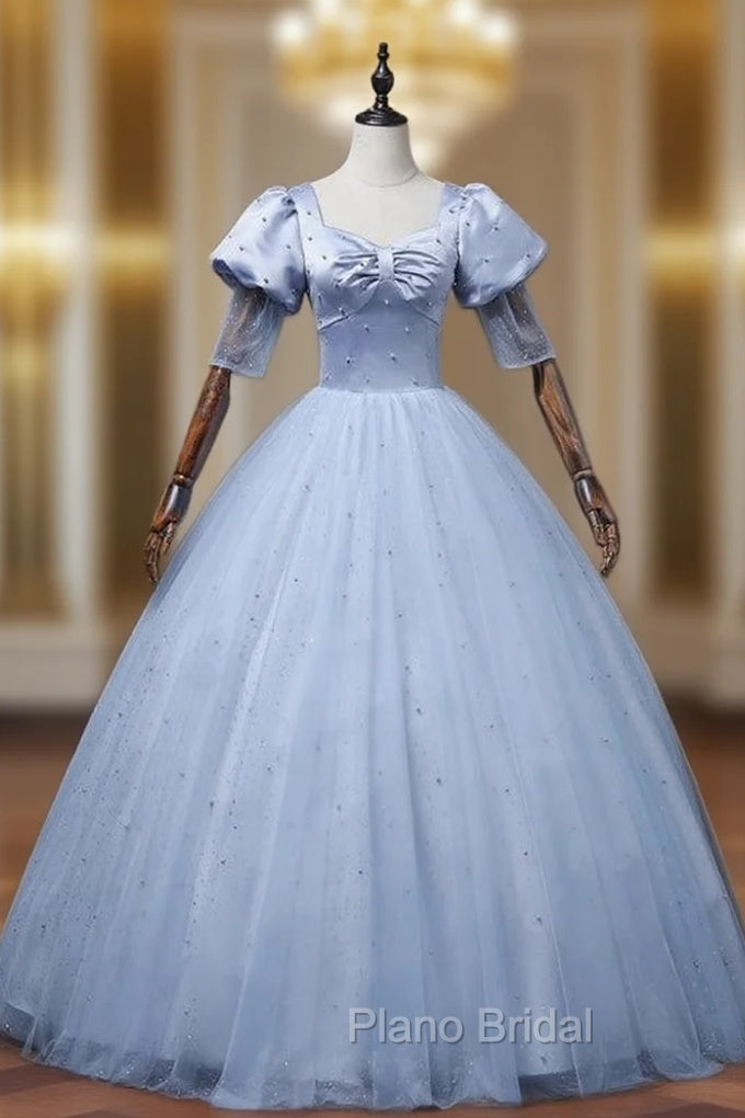 Blue Tulle Satin Square Puff Sleeve Pearl Quinceanera Dresses Main image