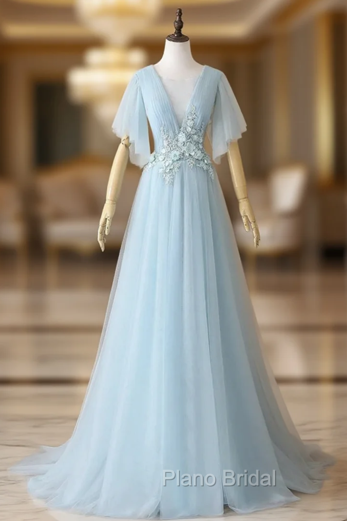 Blue Tulle See Through Neck Appliques Pleats Formal Prom Dresses Main image