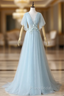 Blue Tulle See Through Neck Appliques Pleats Formal Prom Dresses