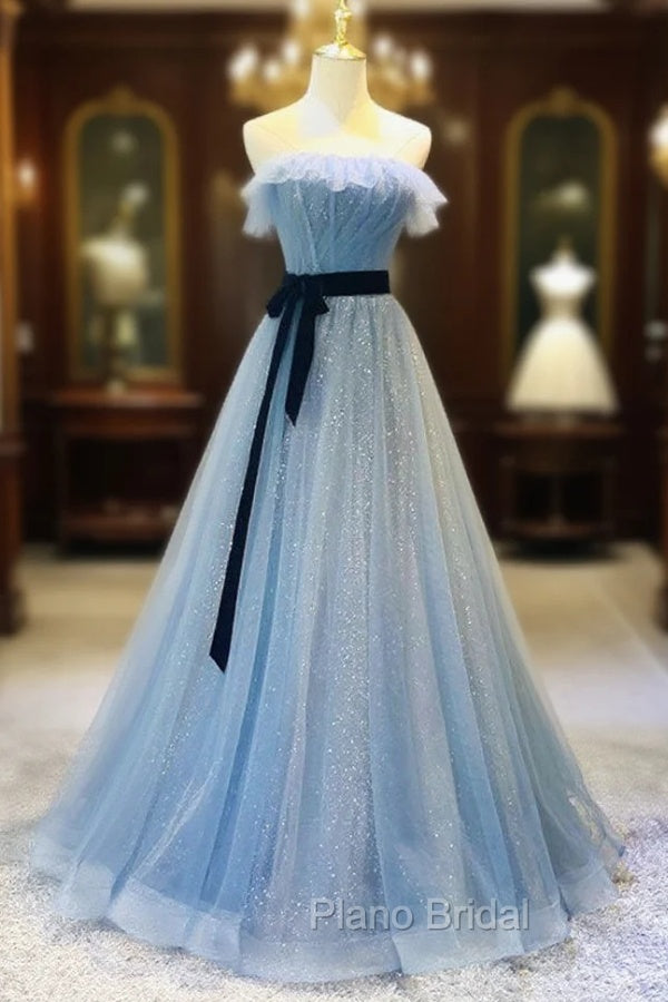 Blue Tulle Sequin Long Formal Prom Dresses A Line Tulle Blue Formal Dresses Main image