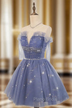 Blue Tulle Sequin Short Formal Prom Dresses, Puffy Blue Homecoming Dresses