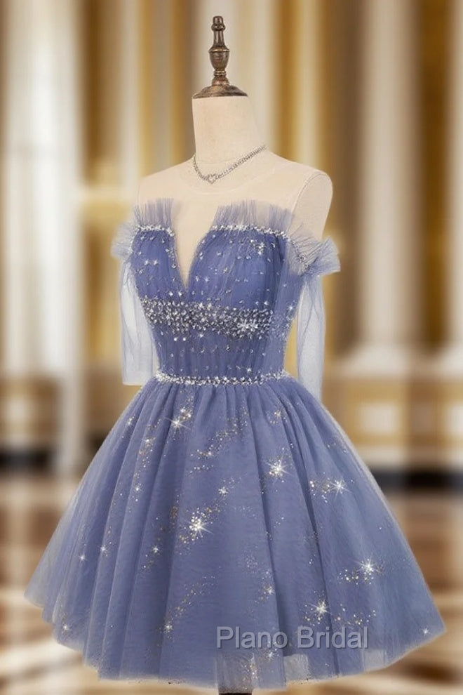 Blue Tulle Sequin Short Formal Prom Dresses, Puffy Blue Homecoming Dresses