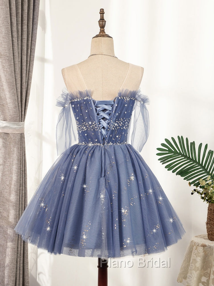 Blue Tulle Sequin Short Formal Prom Dresses, Puffy Blue Homecoming Dresses