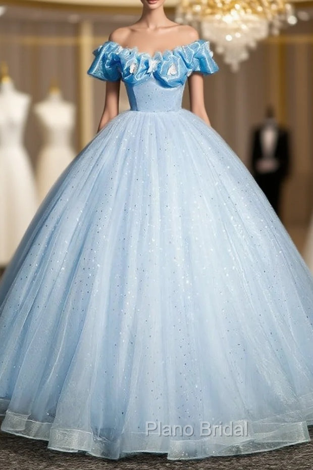 Blue Tulle Sequins Backless Butterfly Quinceanera Dresses