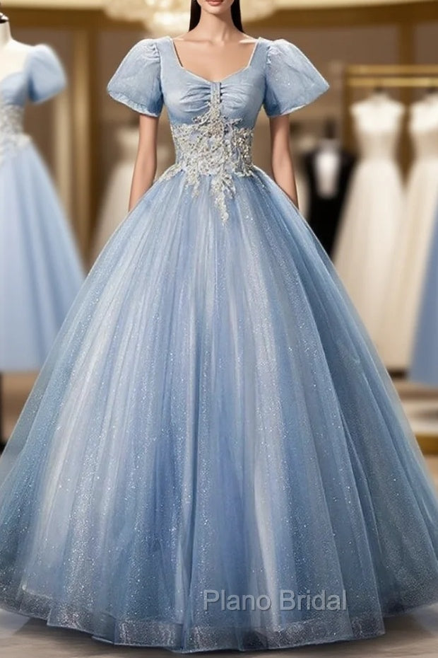 Blue Tulle Sequins Beading Puff Sleeve Quinceanera Dresses Main image