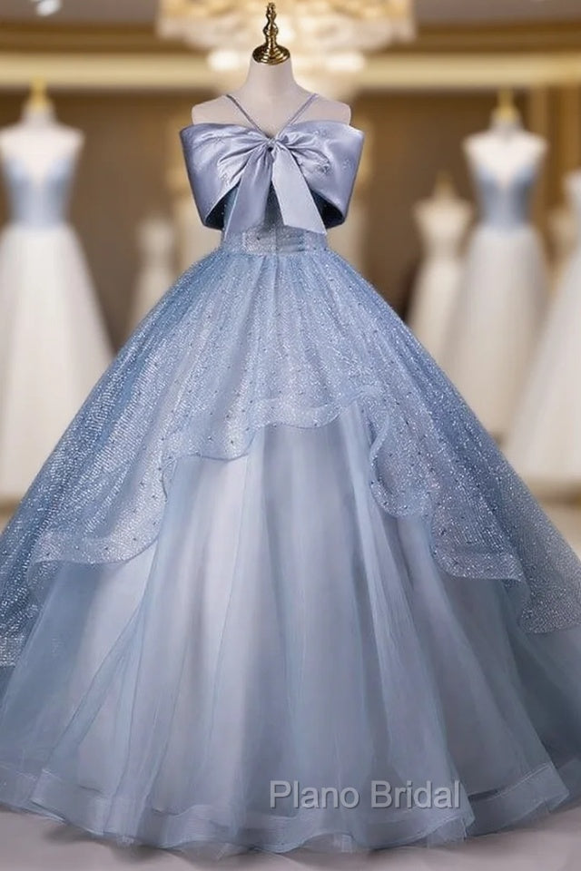 Blue Tulle Sequins Bow Quinceanera Dresses Main image
