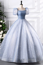 Blue Tulle Sequins Floor Length Formal Prom Dresses, Elegant Short Sleeve Evening Party Dresses