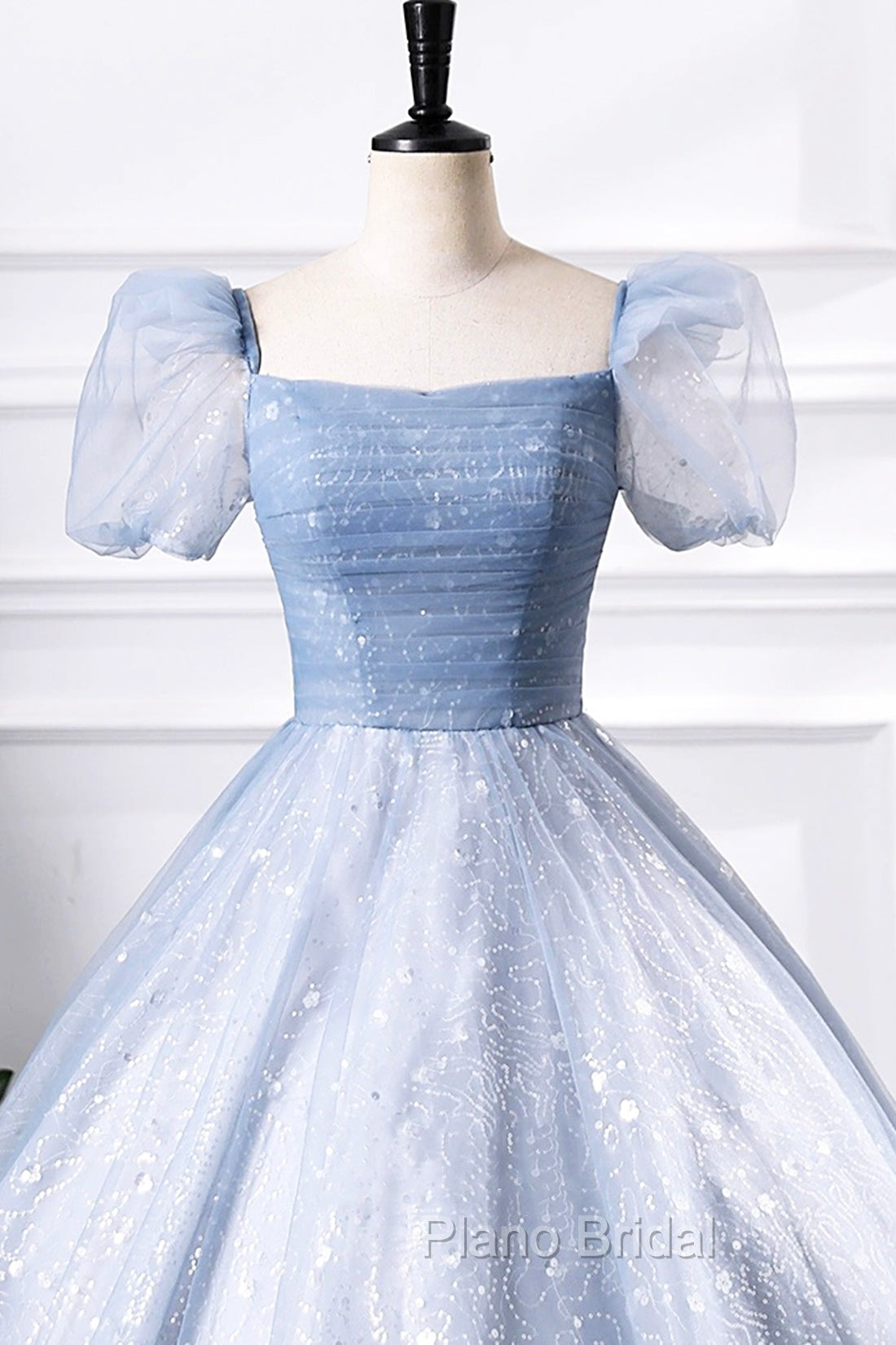 Blue Tulle Sequins Floor Length Formal Prom Dresses, Elegant Short Sleeve Evening Party Dresses