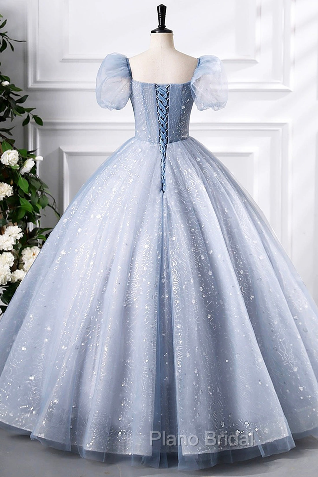 Blue Tulle Sequins Floor Length Formal Prom Dresses, Elegant Short Sleeve Evening Party Dresses