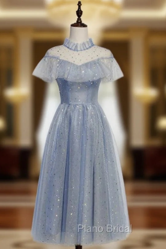 Blue Tulle Sequins High Neck Cap Sleeve Tea Length Formal Prom Dresses Main image