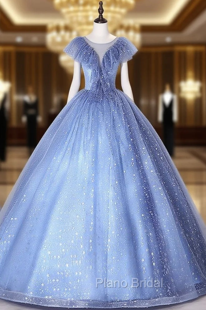 Blue Tulle Sequins Illusion V-neck Quinceanera Dresses Main image