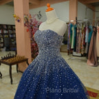 Blue Tulle Sequins Long Ball Gown Formal Dresses, Sparkle Blue Quinceanera Dresses
