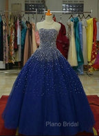Blue Tulle Sequins Long Ball Gown Formal Dresses, Sparkle Blue Quinceanera Dresses