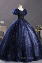 Blue Tulle Sequins Long Formal Dresses, A-Line Short Sleeve Evening Party Dresses