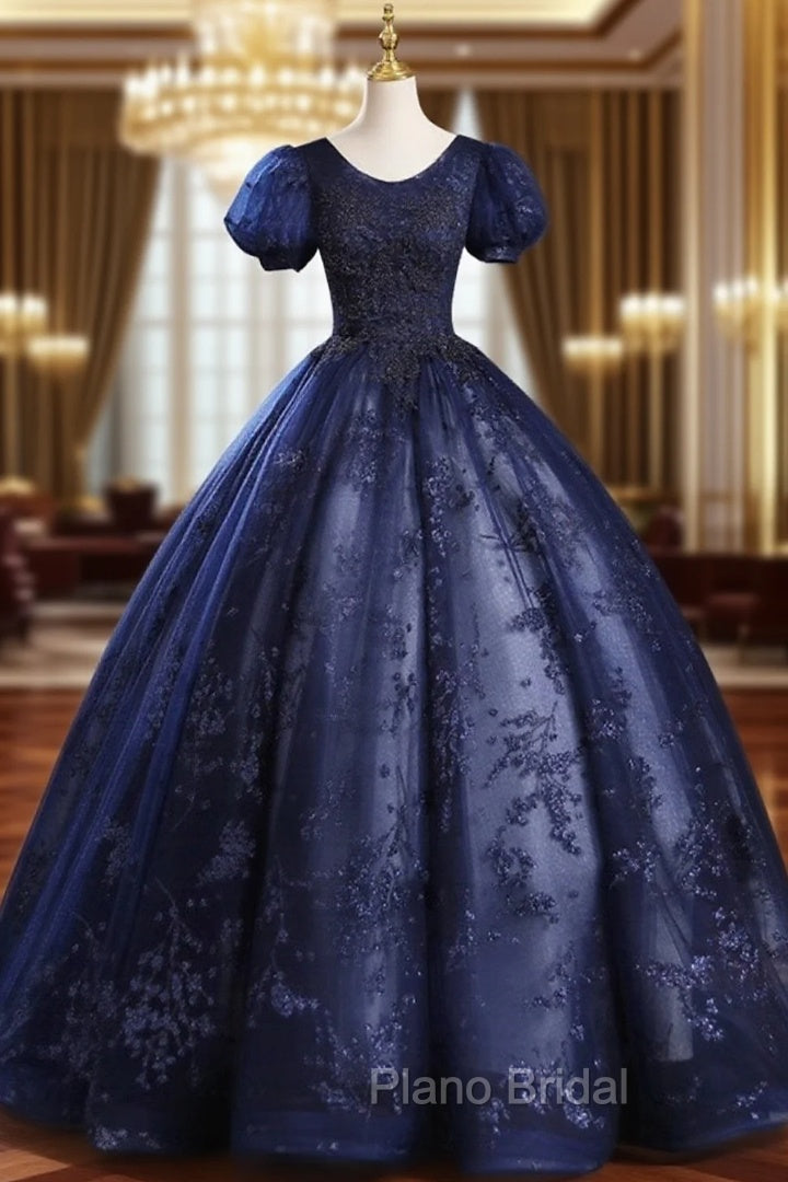 Blue Tulle Sequins Long Formal Dresses, A-Line Short Sleeve Evening Party Dresses Main image