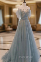 Blue Tulle Sequins Long Formal Prom Dresses, A-Line Scoop Neckline Party Dresses