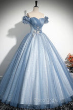 Blue Tulle Sequins Long Formal Prom Dresses, Beautiful A-Line Evening Party Dresses