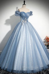 Blue Tulle Sequins Long Formal Prom Dresses, Beautiful A-Line Evening Party Dresses