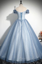 Blue Tulle Sequins Long Formal Prom Dresses, Beautiful A-Line Evening Party Dresses