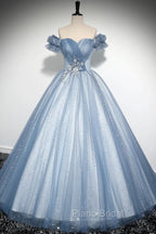 Blue Tulle Sequins Long Formal Prom Dresses, Beautiful A-Line Evening Party Dresses
