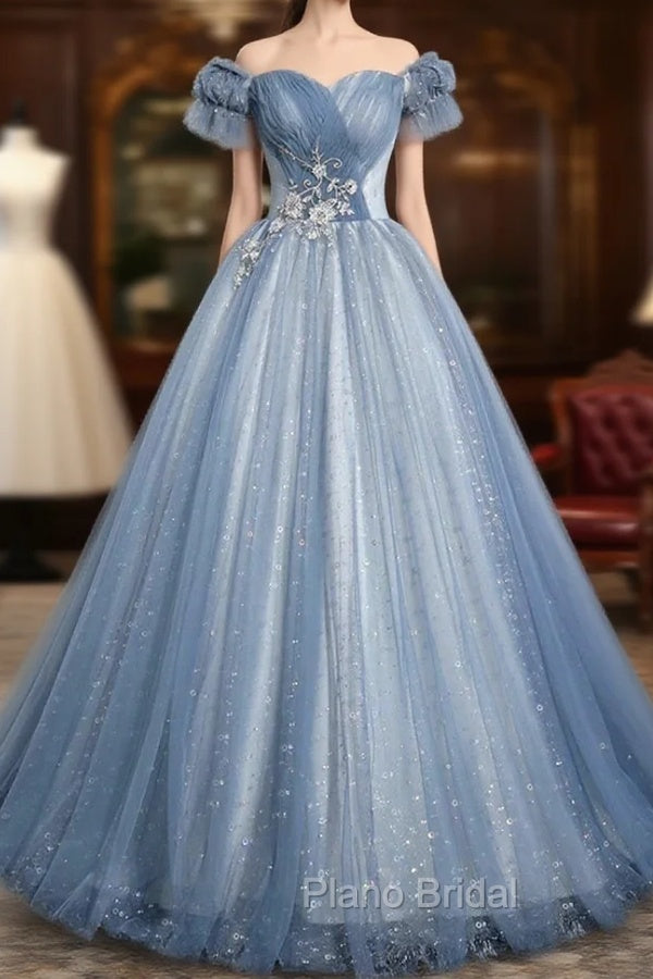 Blue Tulle Sequins Long Formal Prom Dresses, Beautiful A-Line Evening Party Dresses Main image