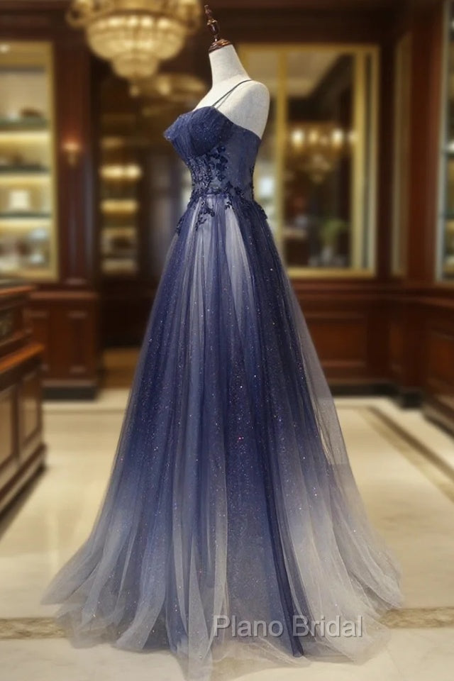 Blue tulle sequins long Formal Prom Dresses blue evening Dresses