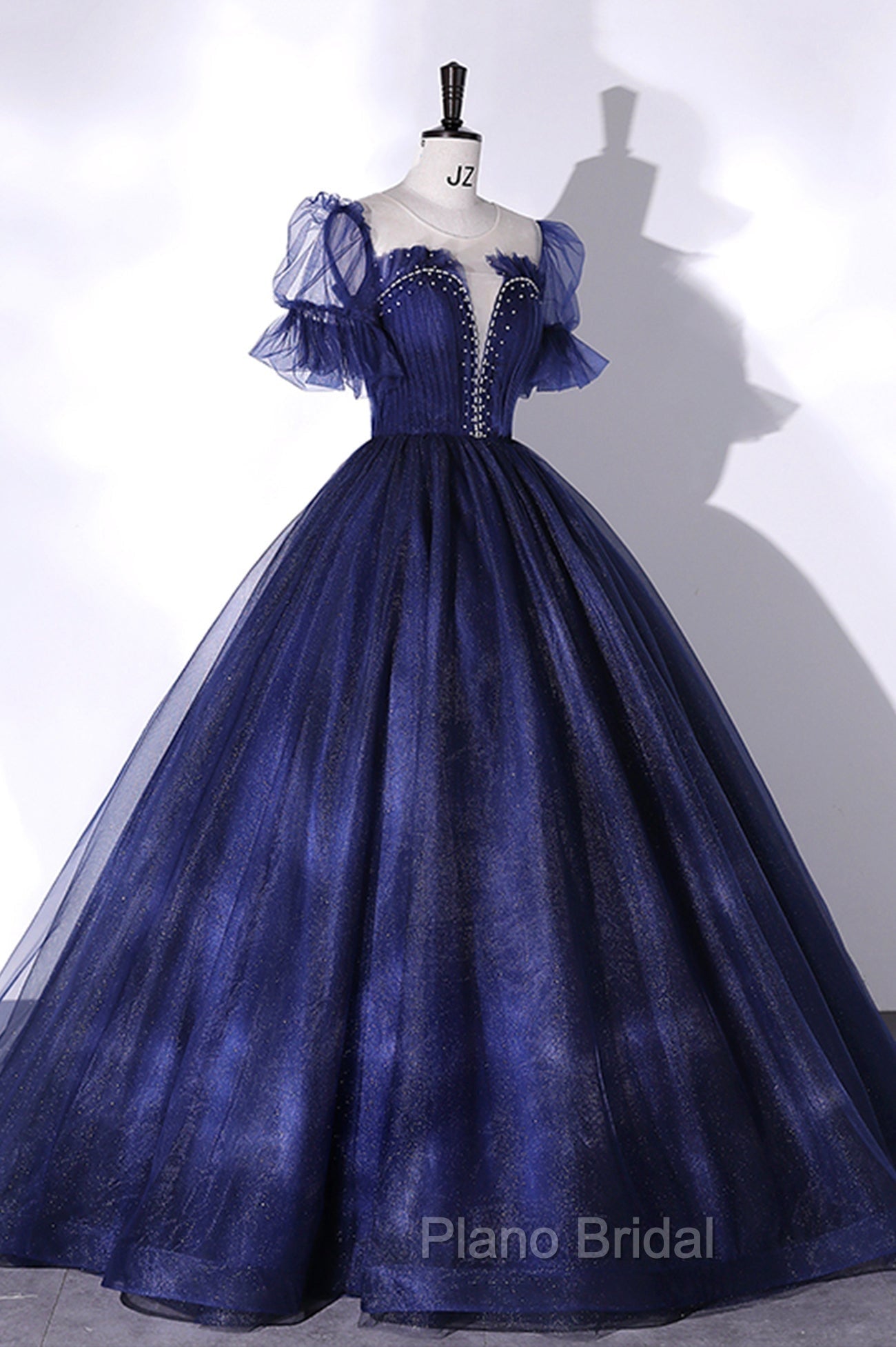 Blue Tulle Sequins Long Formal Prom Dresses Blue Evening Gown