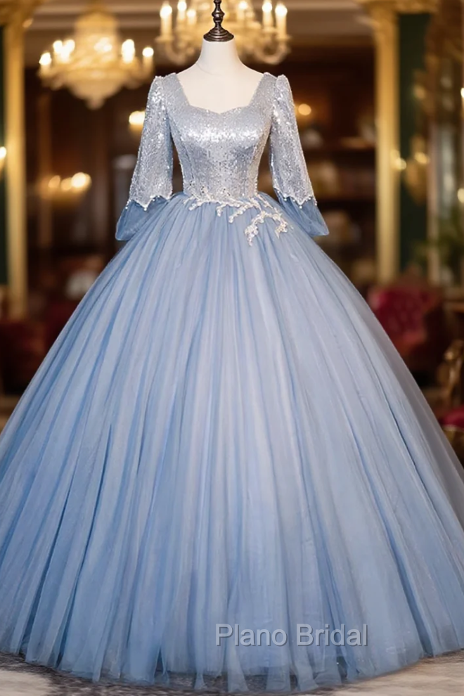 Blue Tulle Sequins Long Sleeve Quinceanera Dresses Main image