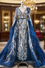 Blue Tulle Sequins Long Sleeve Rose Flower Formal Prom Dresses
