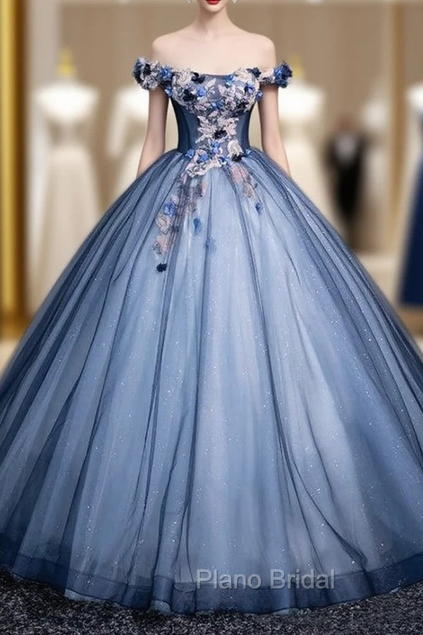 Blue Tulle Sequins Off the Shoulder Appliques Ball Gown Quinceanera Dresses Main image
