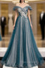 Blue Tulle Sequins Off the Shoulder Appliques Formal Prom Dresses