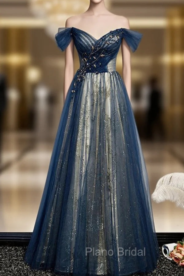 Blue Tulle Sequins Off the Shoulder Beading Formal Prom Dresses