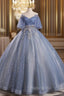 Blue Tulle Sequins Off the Shoulder Beading Quinceanera Dresses