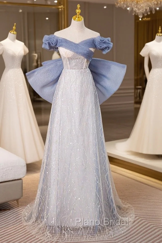 Blue Tulle Sequins Off the Shoulder Bow Formal Prom Dresses Main image