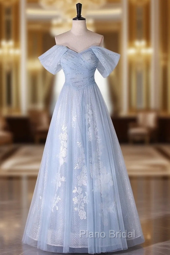 Blue Tulle Sequins Off the Shoulder Lace Beading Formal Prom Dresses