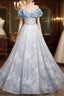 Blue Tulle Sequins Off the Shoulder Pearls Formal Prom Dresses