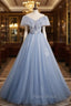Blue Tulle Sequins Off the Shoulder Pearls Formal Prom Dresses