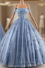 Blue Tulle Sequins Pearls Quinceanera Dresses