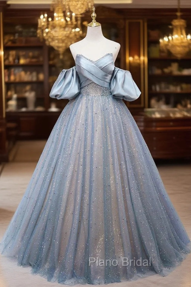 Blue Tulle Sequins Pearls Strapless Formal Prom Dresses