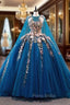 Blue Tulle Sequins Pink 3D Appliques Formal Prom Dresses