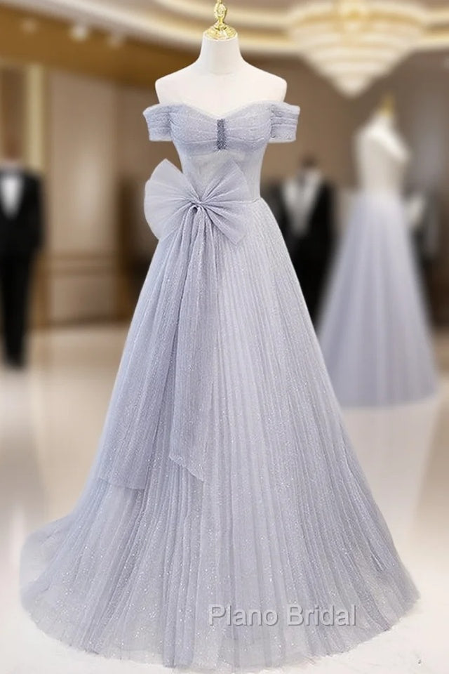 Blue Tulle Sequins Pleats Bow Formal Prom Dresses Main image