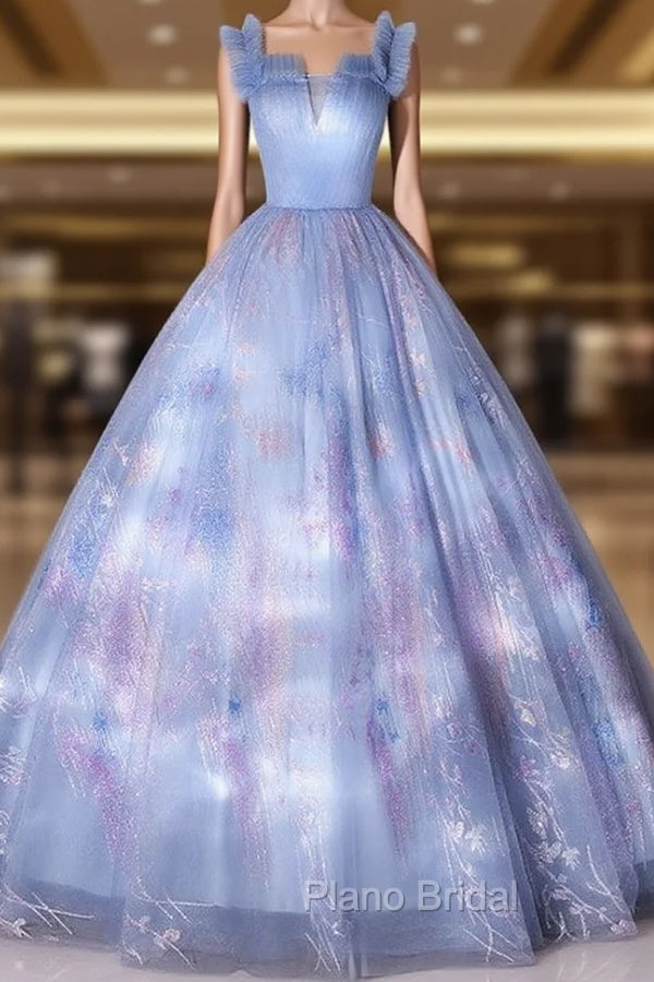 Blue Tulle Sequins Pleats Off the Shoulder Quinceanera Dresses