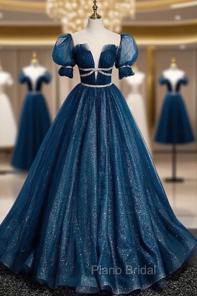 Blue Tulle Sequins Pleats Puff Sleeve Formal Prom Dresses Main image