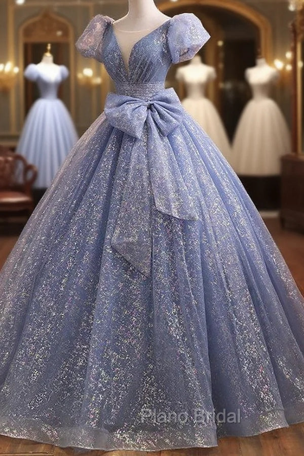 Blue Tulle Sequins Pleats Quinceanera Dresses With Bow Main image