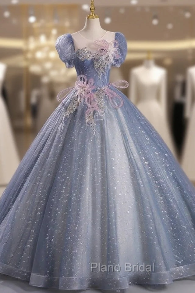 Blue Tulle Sequins Puff Sleeve Backless Beading Quinceanera Dresses Main image